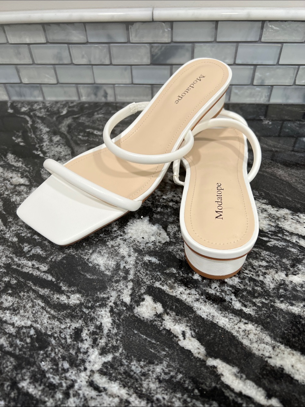 White Strappy Square-Toe Low Heel Sandals